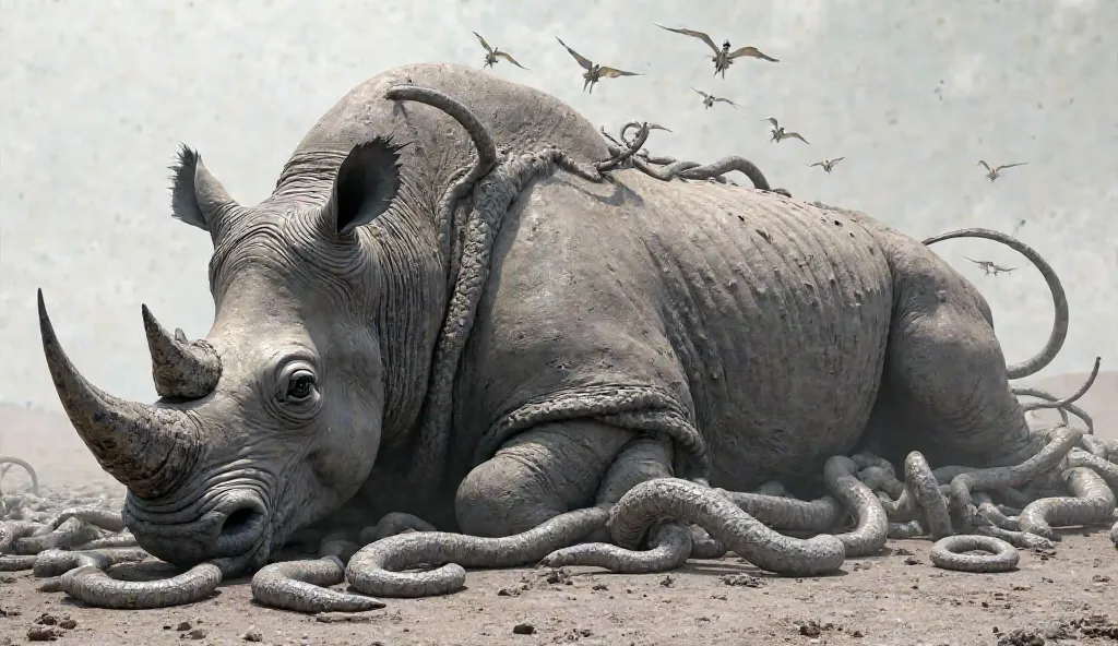 The rhinoceros collapses, exhaustion taking over, as millions of small snakes writhe around its body.