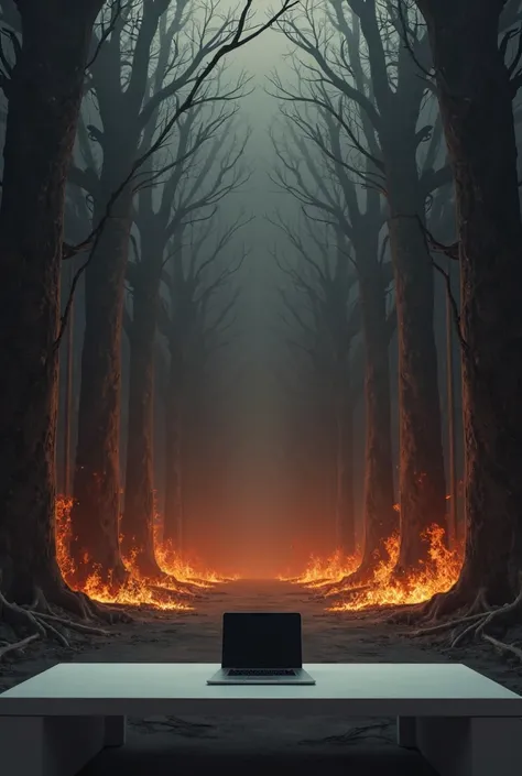 A picture in which a  big dark room with a white table with laptop in which some woods are burning in fire