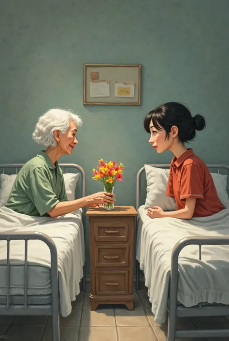 An Asian grandmother who shares her hospital room with a mean and embittered French woman