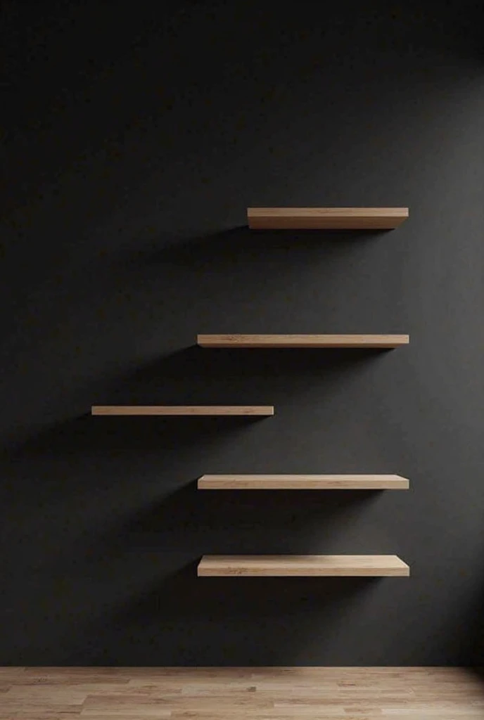 Make a black wall, with six wooden shelves, empty