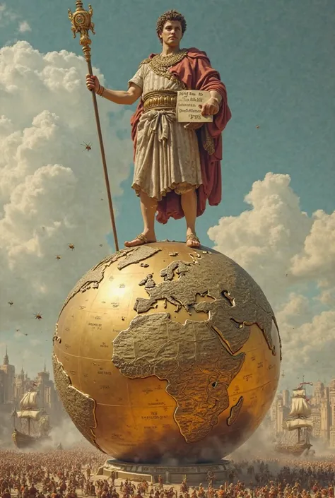 Augustus stands atop a massive golden globe, one foot planted on Europe, the other on Africa. His hand grips a jeweled scepter, while the other holds a scroll listing "30% of Global GDP." Tiny armies and ships move below like ants.  