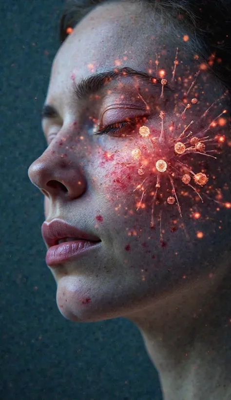 realistic image of a face partially affected by lupus, with reddish spots on the cheeks and nose . In the background, an abstract and illuminated representation of the brain being attacked by immune cells. The image has a detailed biomedical tone, transmit...