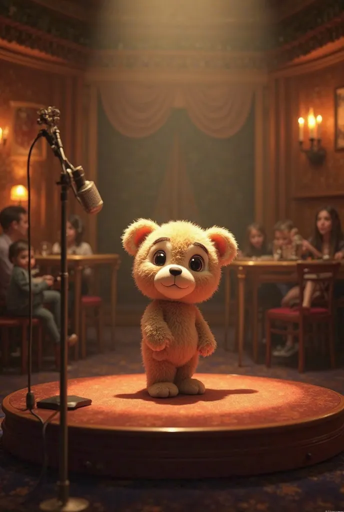 A soft toy stands on stage near the microphone in the restaurant and sings