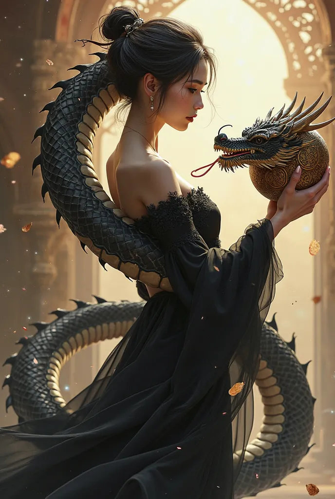 a woman in a black dress holding a dragon and a ball, concept art by Yang J, trending on cg society, fantasy art, trending on cgstation, ig model | artgerm, trending at cgstation, ruan jia and artgerm, chinese fantasy, loong, dragon girl, queen of dragons,...