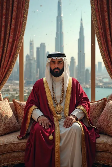 Create a rich Sheikh with a view of Dubai