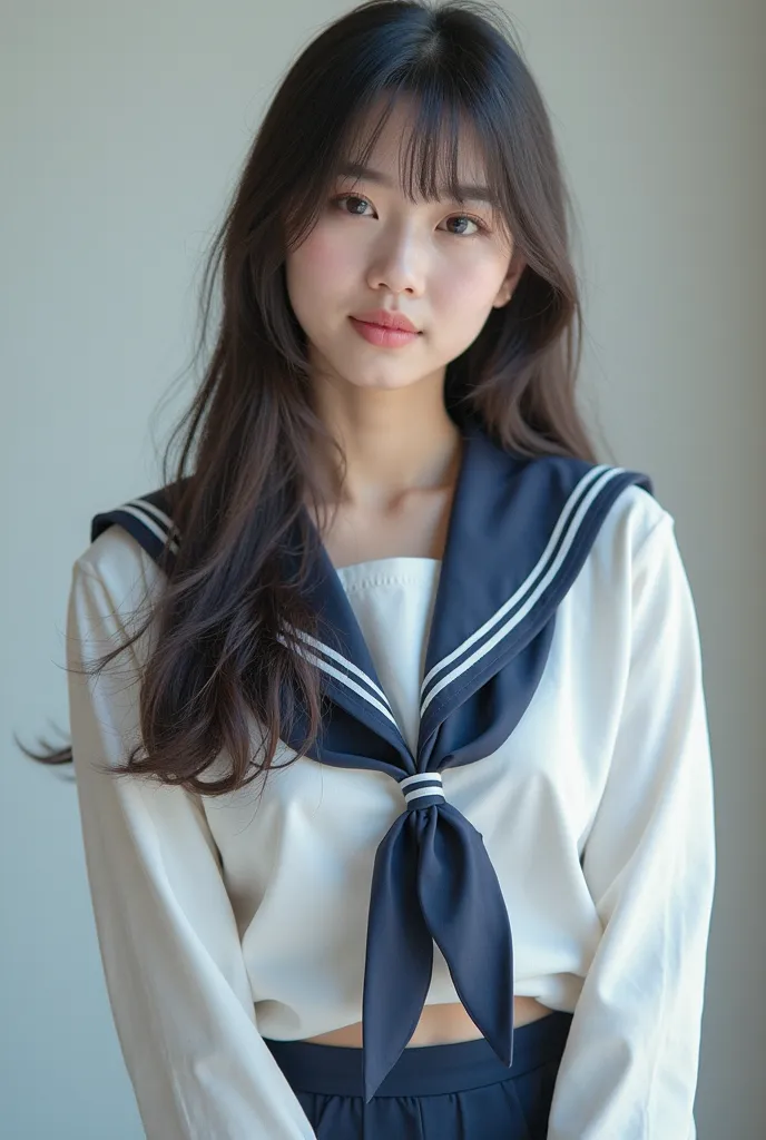 arafed asian woman in a sailor suit posing for a picture, a colorized photo inspired by Ma Yuanyu, tumblr, digital art, sailor uniform, loose coat collar sailor uniform, anime girl cosplay, jk uniform, girl wearing uniform, wearing japanese school uniform,...