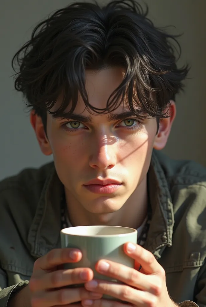 19-year-old boy with black hair, green eyes with coffee that looks like a real person 