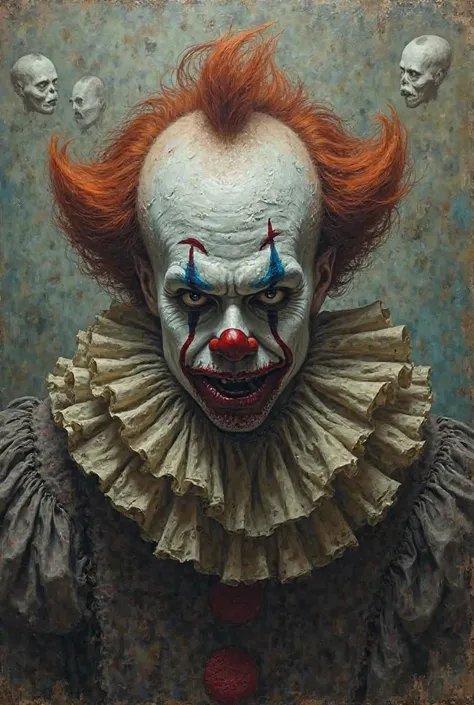 Make an old, painting of a crazy clown having sad hallucinations.