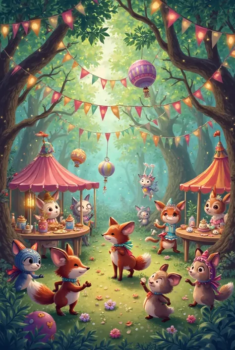 Image for the setting of a story . The background is of a forest decorated for a carnival party, the guests are forest animals. There are no people at this party