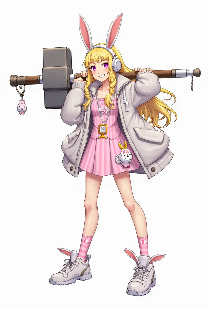 1girl, animal ears, bag, blonde hair, blunt bangs, dress, full body, grin, hammer, hand on own hip, headphones, holding, holding hammer, holding weapon, huge weapon, jacket, leg warmers, legs apart, long hair, long sleeves, looking at viewer, loose socks, ...