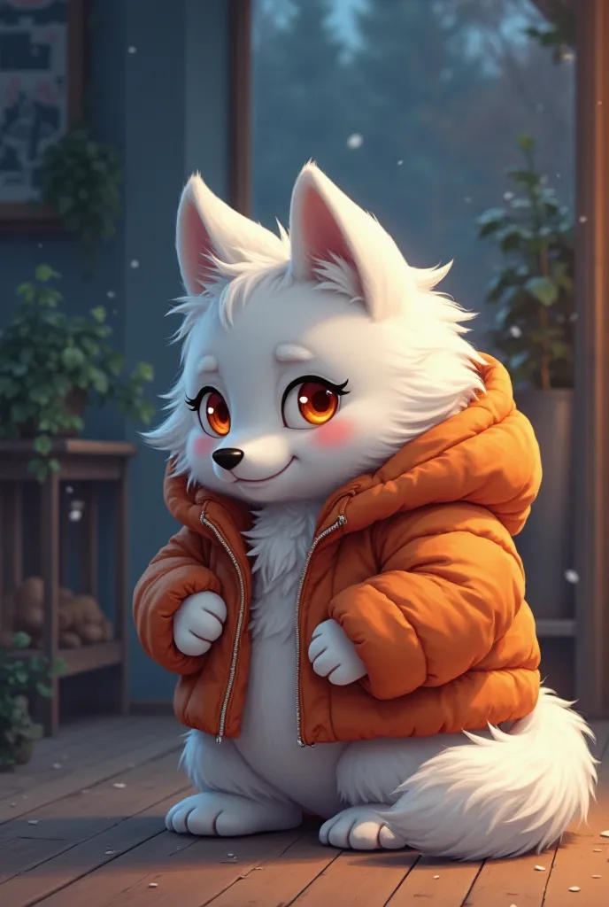 living room，Full body female love, wolf,number,masterpiece，Orange down jacket,hairy tail,Highest image quality,8k,Full HD backgrounds，cartoon style，charming，Komono、Pants，male，stuffed toys，hairy，white fur，white body，white ears，orange eyes，the only person, w...