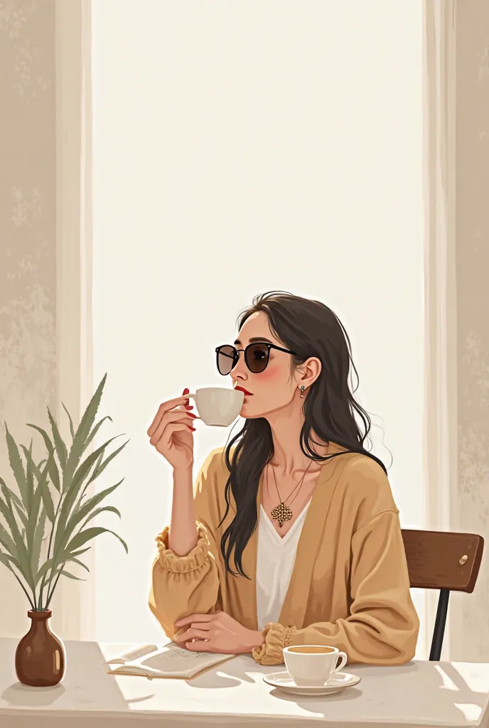 A gentle , digital illustration of a boho-style woman. Is sitting at a table eating coffee and wearing sunglasses.  The style is modern , minimalistic and inspired by Scandinavian boho