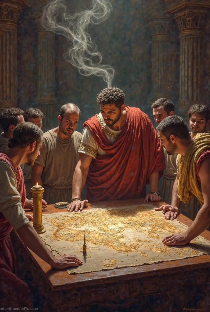 Augustus sits at a stone table with advisors, unrolling a papyrus map covered in gold ink. His finger points to Egypt and Spain as smoke curls into a 💰 shape.  