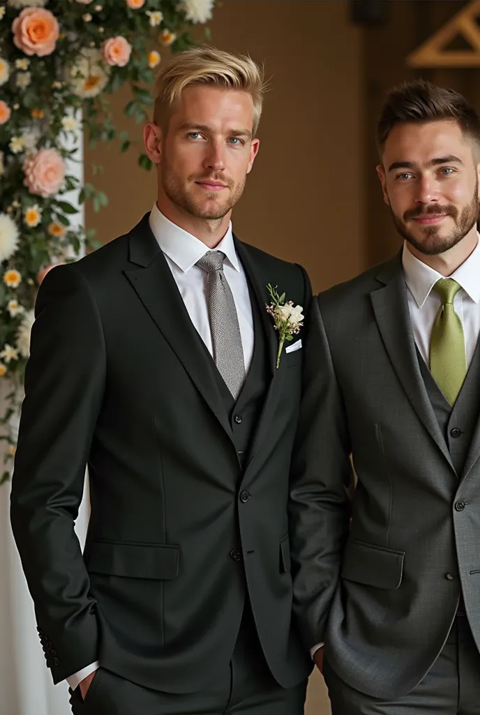  Handsome older blond man dressed in a black three-piece suit , silver tie and white shirt   , marrying a young man with brown hair and a trimmed beard who wears a three-piece dark gray suit with a white shirt and lime-colored tie in a stable decorated wit...