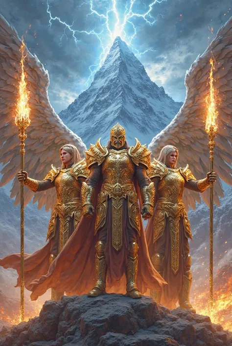 Three angels, en armure lourde, showing their fire spear proudly.  Blue lightning strikes the mountain. It is engraved in gold "Kalos " sur l'armure. The mountain is on fire 