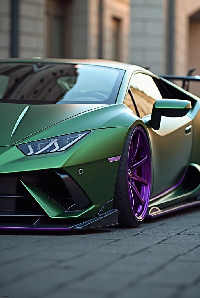 Make a dark green Lamborghini huracan with purple wheels which has a nice sticker on the front 