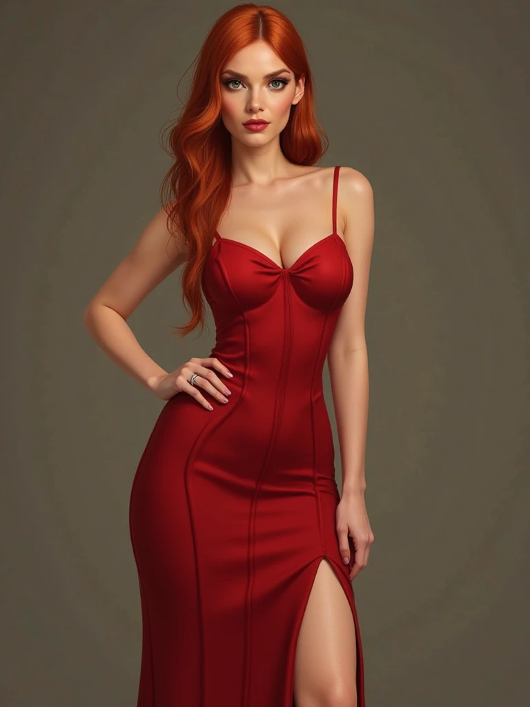 redhead, green eyes,  thin,  curvilinear,  voluptuous, 23 years old. She has long, straight hair, hairstyle with a stripe in the middle and behind the shoulders neatly.  red dress,  long and elegant . Straight neckline and straps, tight to the torso and lo...