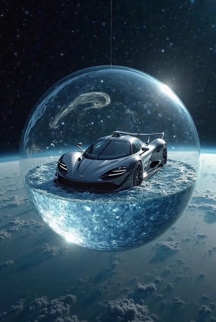 Give me a picture of a sports car , who floats above the earth in a giant water bubble in space