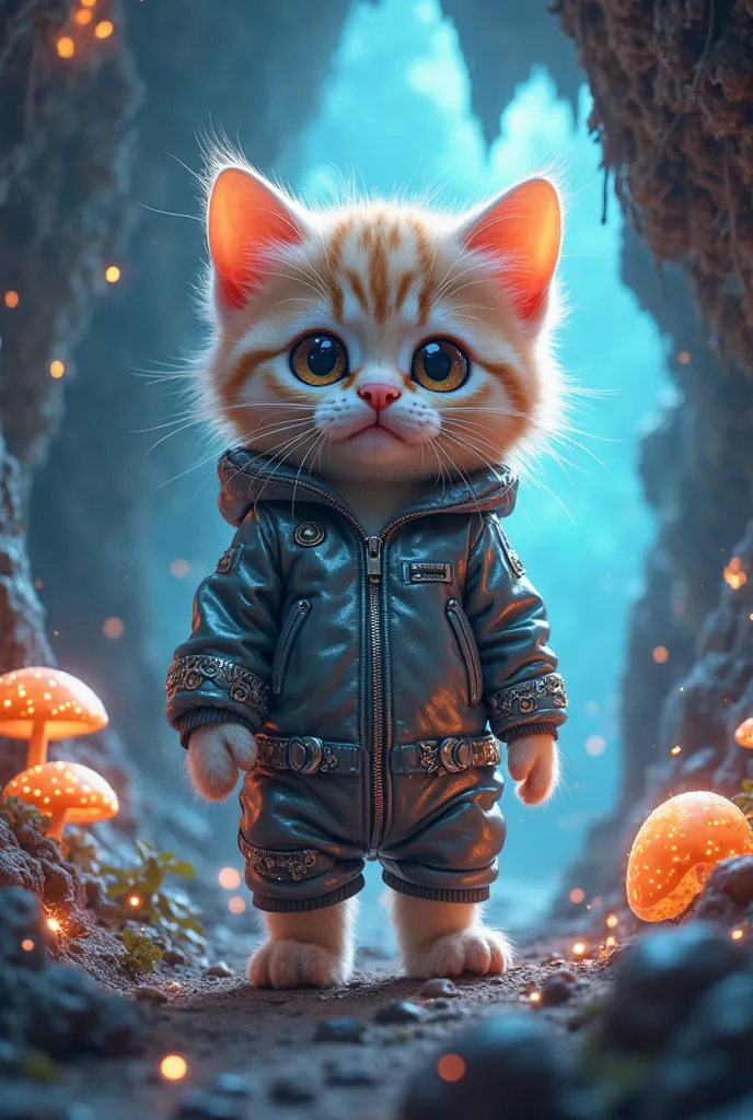   cute kitten、 standing upright with 2 legs 、 Beatsuit、  cave background  、3d、 8k、 's illustration 