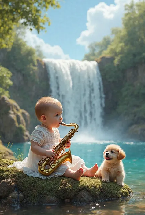 Voici votre prompt ajusté avec une tenue romantique pour le bébé :

“A hyper-realistic scene of a breathtaking waterfall cascading into a crystal-clear pool, surrounded by lush green trees and a vibrant blue sky with soft clouds. The water flows naturally,...