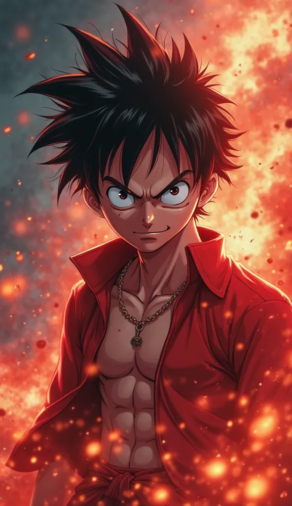 luffy (one piece), goku (dragon ball), lua vermelha, luta violenta, poderes especiais, wallpaper ultra qualidade, cinematic, epic, detailed facial features, intense expression, dramatic poses, dynamic action, surreal atmosphere, dramatic lighting, volumetr...