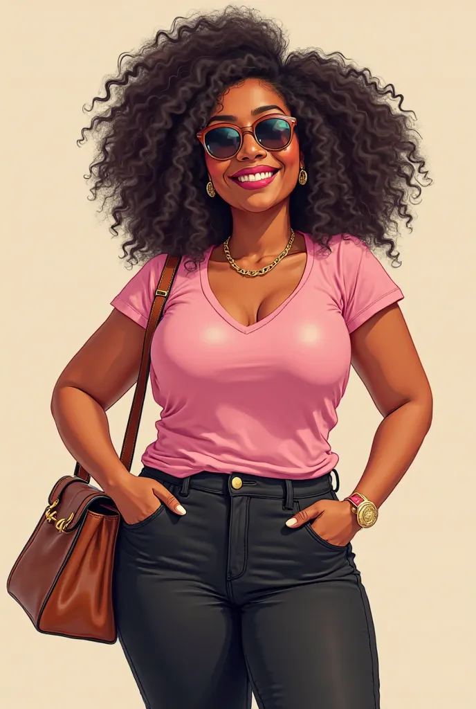 Create for me a head-to-toe brown and North African woman a bit fat with a black outfit with a pink T-shirt and handbag and sunglasses. En cartoon