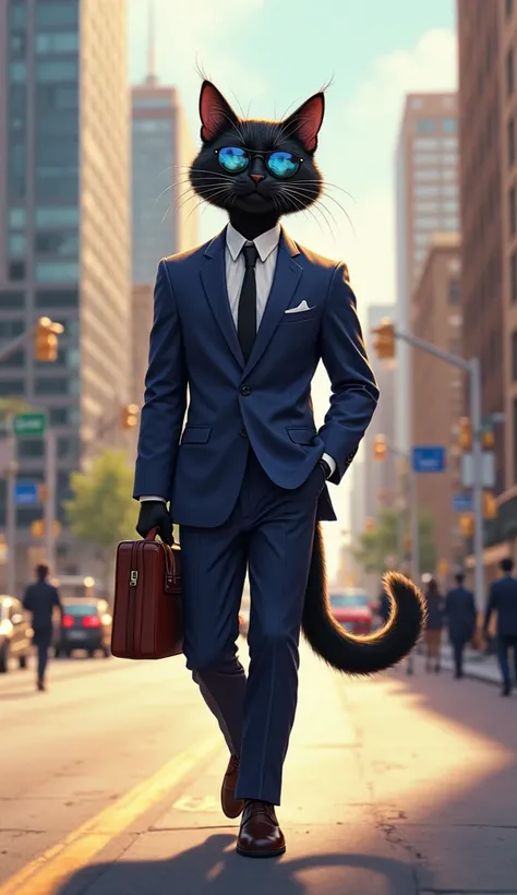 "A stylish, anthropomorphic black cat with blue eyes is walking confidently down a busy city street, heading to the office. He is wearing a sharp, well-fitted business suit in navy blue, with a white dress shirt and a sleek black tie. A pair of stylish sun...