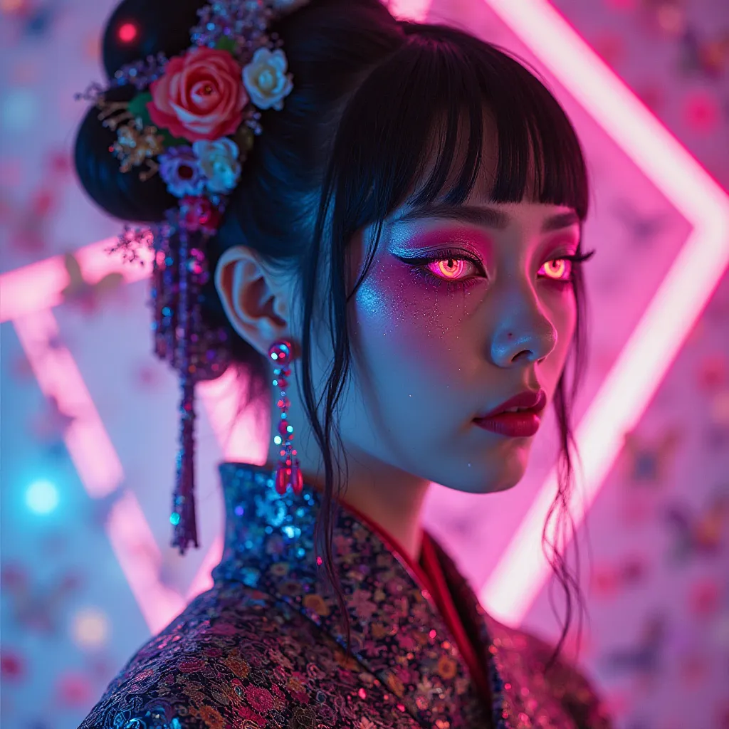 Cyberpunk japanese geshia with neon lights behind her, she has ornate clothes and hair a cross between traditional and futuristic. Her makeup is bright colours with pink being the main colour. Her eyes are implanted and unnatural looking but beautiful  hol...