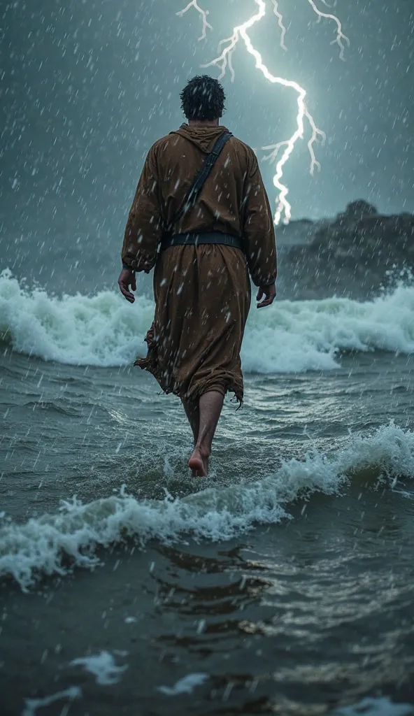 A first-person perspective from my own eyes. My head is tilted downward, looking directly at my bare feet as they step on the surface of the stormy sea. The camera represents my vision, focusing on my feet and part of my soaked brown robe at the edges of m...