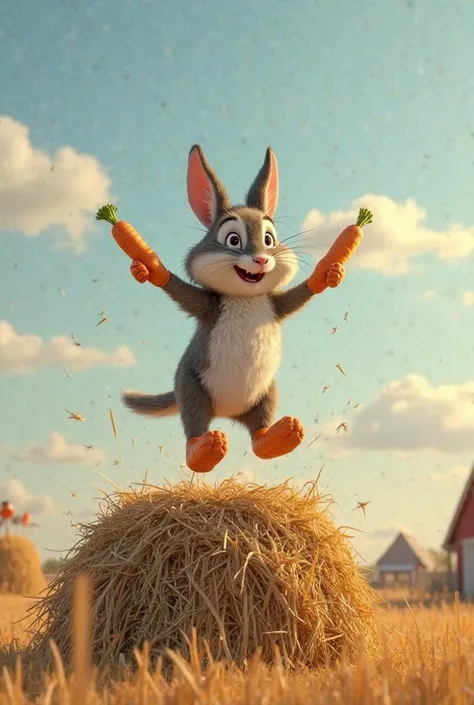 
[Scene: A farmyard. Zoomy is tying carrots to his feet like rocket boosters.]

ZOOMY: (excited) This is it! The day I finally fly like a superhero!

[He climbs onto a haystack, flapping his ears.]

ZOOMY: Three… two… one… LIFTOFF!