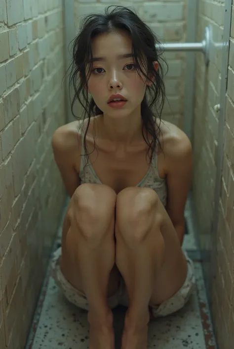 A public toilet, a girl in her 20s urinating on a crouched urinal will fall, she is .4 meters high and wearing a top I hope that,  bare feet ,  detailed feet , beautiful and detailed eyes, beautiful and detailed lips, extremely detailed eyes and face
