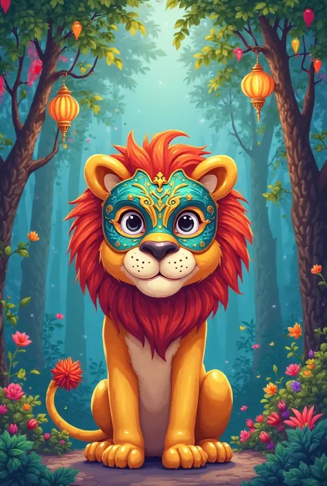 I need you to design images for storytelling  : The character is a lion with the carnival mask. The character must be a cartoon type. Background is a forest all decorated for a carnival party 

