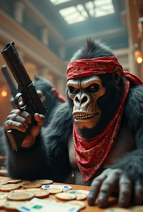 Scary Demon Gorillas with half a gorilla face and half a skull wearing red paisley print bandanas and holdings guns working in a large bank with tons of euros everywhere, while enjoying their lives and looking happy.