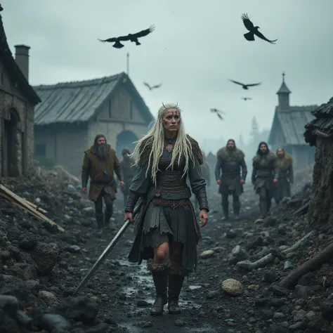 A group of Viking warriors are returning to their village. The atmosphere is gloomy and desolate: the houses are burned, smoke rises from the ruins and crows fly overhead. Survivors are found among the rubble. A Viking woman, white hair with dreadlocks, wi...