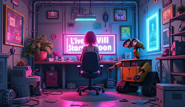 A gamer bedroom scene in 2D pixel art style, neon stick ,WALL-E robot with its head close to the lens of the pov camera,with a female character with pink hair perfect player in a futuristic environment inspired by cybernetic elements.  WALL-E robot with it...