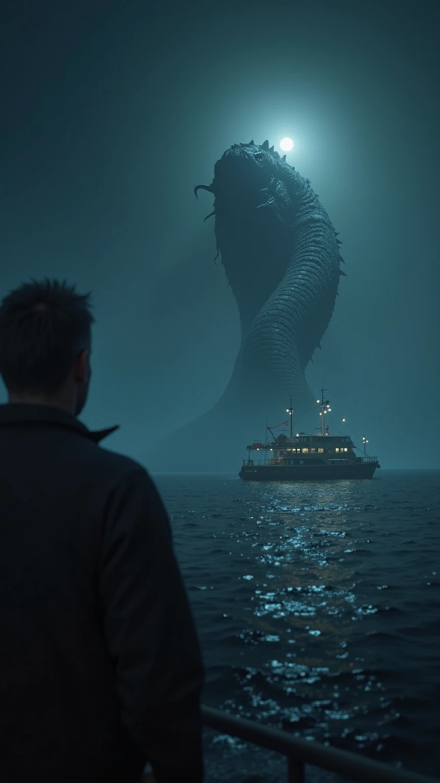 . At night, a man looks out of the ship window and is shocked. Amid thick fog when a giant black snake-shaped monster is seen dangling its neck above the water, staring at his photorealistic ship.,4K,8k,masterpiece,ultra-detailed,hdr,UHD,studio lighting,ul...