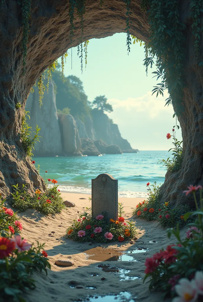 Make a hole in the ground, but inside it there will be a well-lit beach, and at the water's edge there is a tombstone with flowers surrounding it, and literally a hole in the ground, not a cave