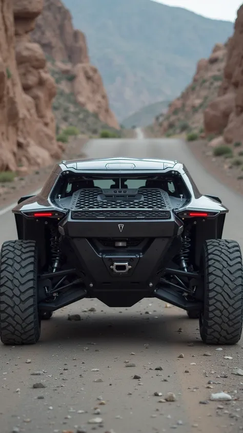 The vehicle in the image appears to be a striking concept or custom model from Tesla, likely designed for off-road capabilities given its rugged tires and aggressive styling. The bold back grille and prominent wheel arches enhance its robust appearance. Su...