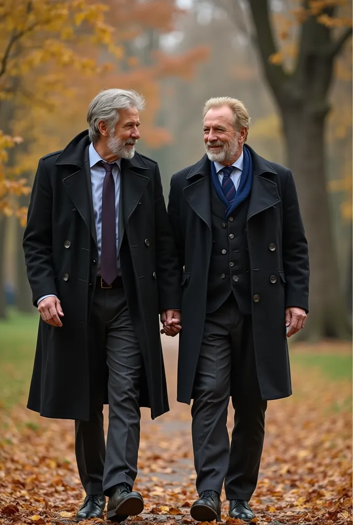 Tall and strong handsome man with blond hair with a short beard dressed in a black coat with a blue ascott scarf tied around his neck underneath and a suit underneath walking through a park in autumn holding the hand of a handsome mature gray-haired man wi...