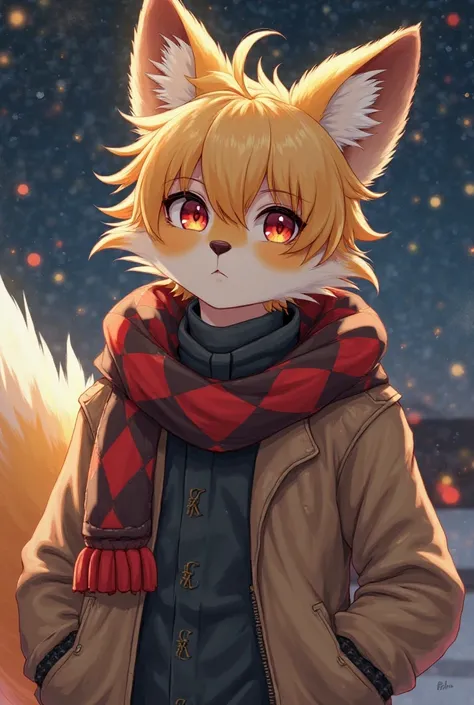 Fox Boy，Shota，hairy pubic，shaggy，Smoothes lashes，Skin fur，Golden fur，Short hair in men，Forelimb hands， solid circle eyes，Golden ears，Golden face fur , Short blonde hair，Red eyes，Super cute face，Brown elements on fur，Brown coat brown hood up，Star jacket，Amb...