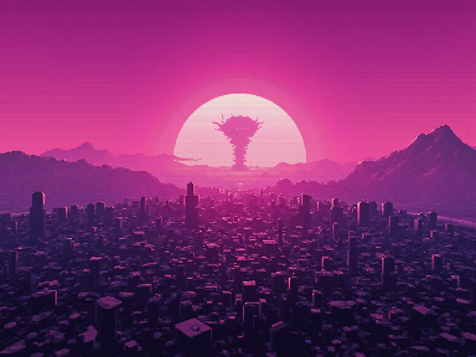 create a picture with the GTA 5 theme, views of los antos and mountains with a purple-pink sunset and explosions in the background and a nuclear mushroom,  Super rendering , 4K,  