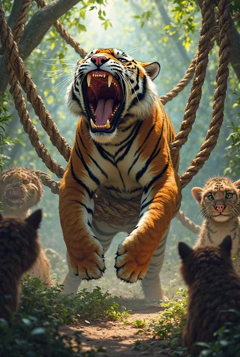 Tiger is roaring  in rope trap and other animal are watching