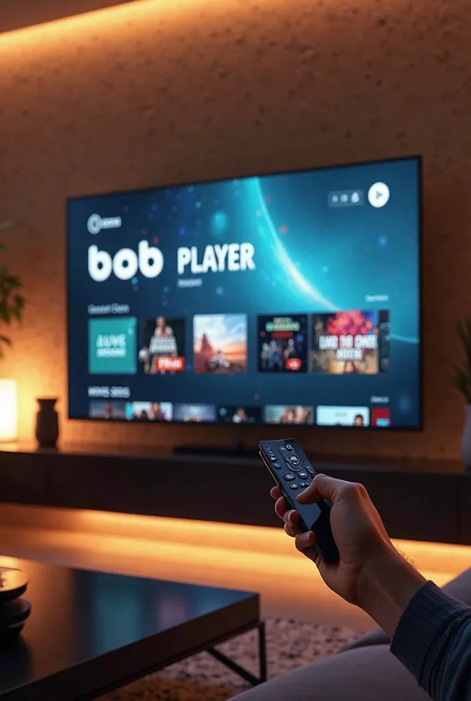 A large flat-screen television mounted on the wall of a modern living room, displaying the interface of a streaming app called "BOB PLAYER." The screen features large, clear icons for "LIVE TV," "MOVIES," and "SERIES," with thumbnails for various films and...