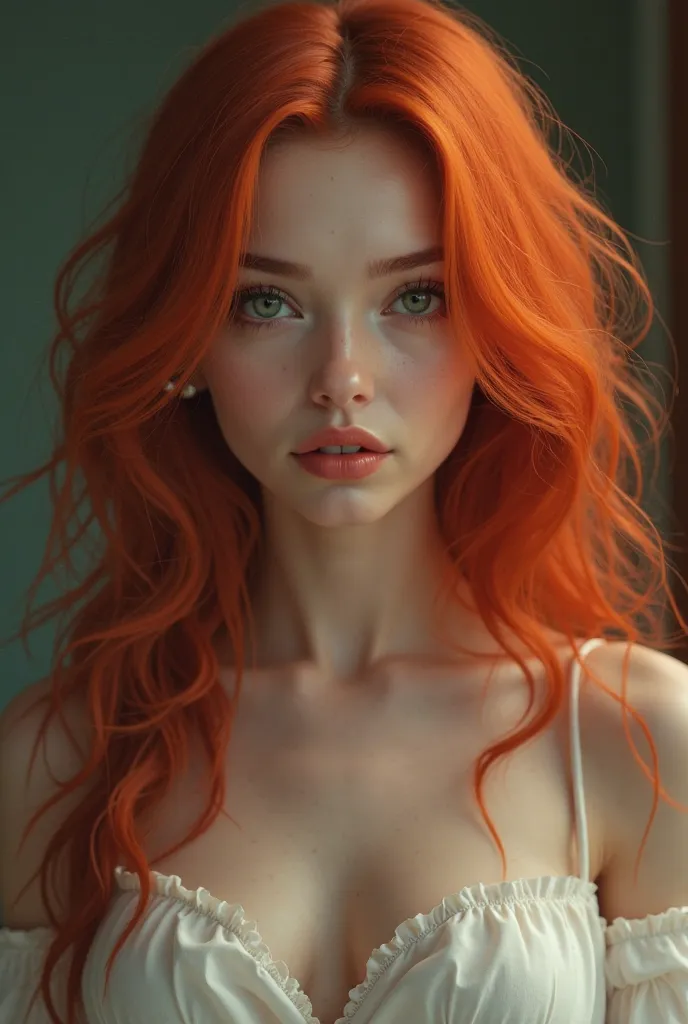 A very red-haired woman with green and curvy eyes, very attractive and small breasts. 