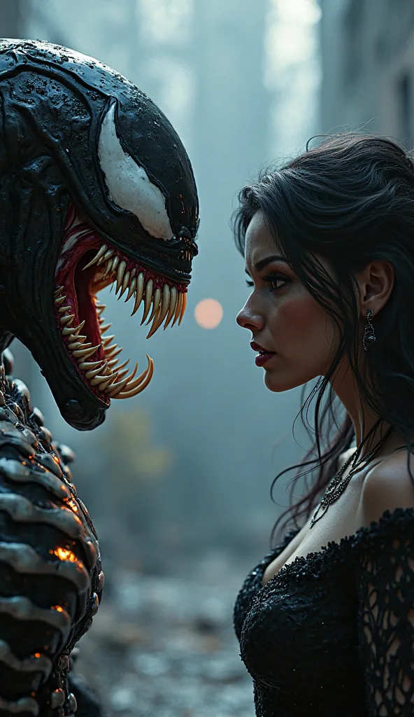 Venom and a beautiful dark flowing glamorous girl together face to face standing in cinematic background action scene