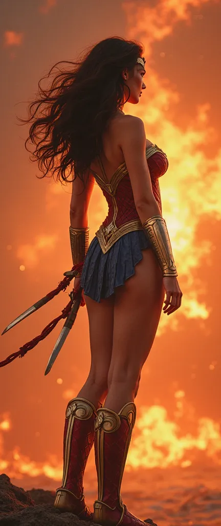 live-action、 Hair、Japanese Wonder Woman in her 20s stands on her knees、Well-balanced musculature、Show me your huge ass、I'm turning my back to the camera and turning my face、 Wonder Woman's Perfect Costume、Wonder Woman raises her arms to the point where she...