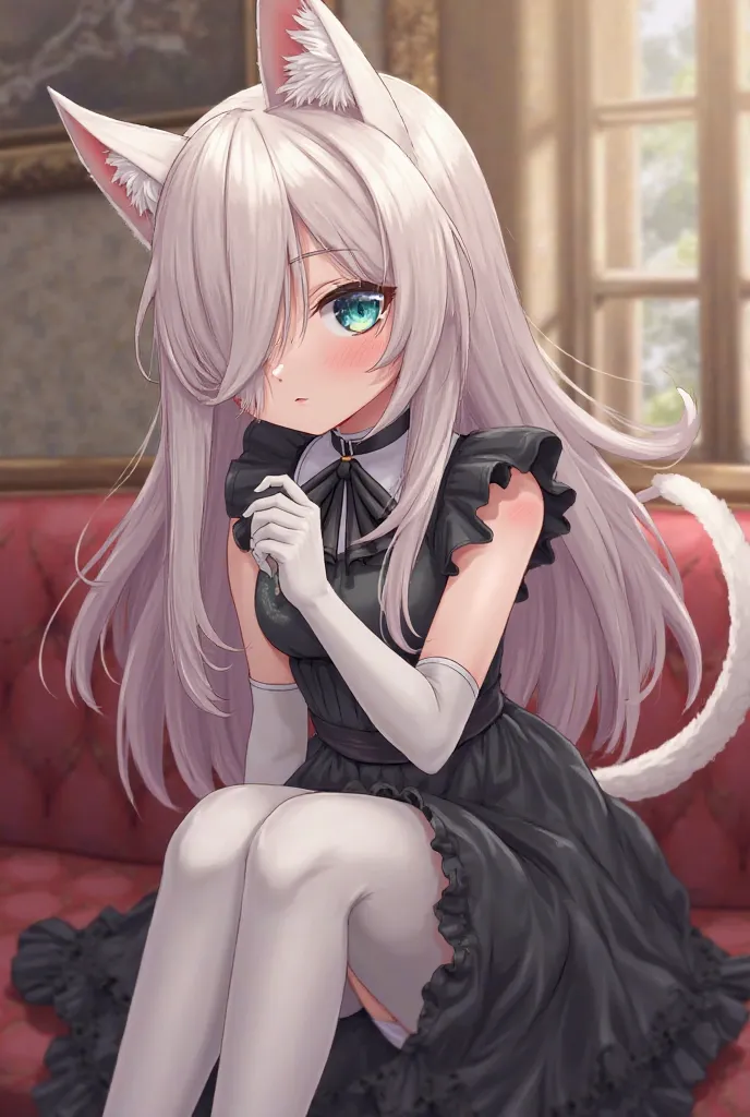 (detailed snout and eyes:1.3), Masterpiece, perfect, highly detailed, furry, Anthro, (adult), (1female), (adult cat girl), (fluffy fur:1.2), (pink fur:1.2), (1fluffy cat tail), (silver long hair:1.6), (hair over one eye:1.2), (silver cat ears:1.6), (teal c...