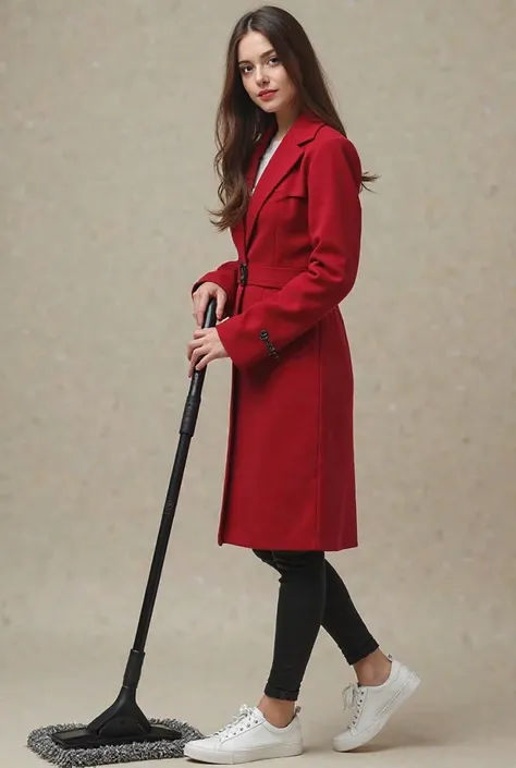  Create an image, Make me a person who cleans, that has straight hair, and a brunette who wears a red coat and a black pans with white shoes, with careful personality and slim appearance

That he's cleaning something