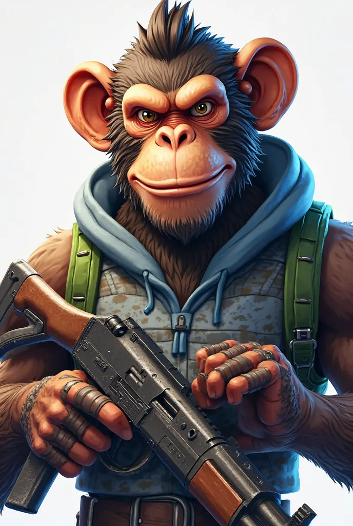 Make a monkey as if it were from Fortnite and that the photo is from the torso up. Make him have the default Fortnite suit but with a little bit of green. Make him have an AK-47