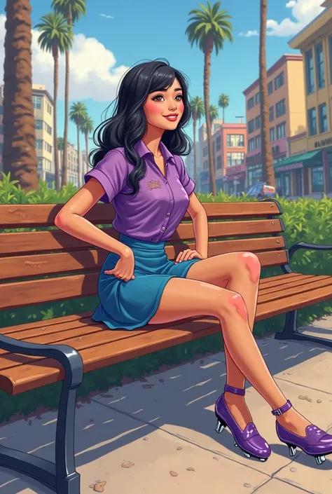 Tip: A very lovely  beautiful Asian American woman being happy alone on a bench in Downtown San Diego in the sun..The illustration is a high definition illustration with 4k resolution., with highly detailed facial features and cartoon style visuals, purple...